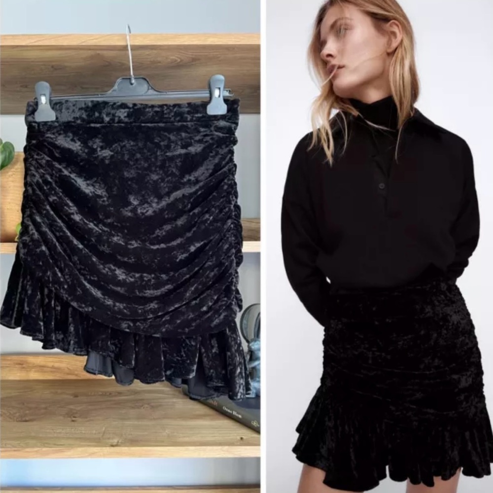 New ZARA Black Velvet Mini Skirt Ruched Ruffle Asymmetric‎ Hem Wichy Wimsy Goth
